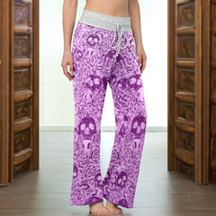 Purple Skull Pattern Gothic Women's High-waisted Wide Leg Pants