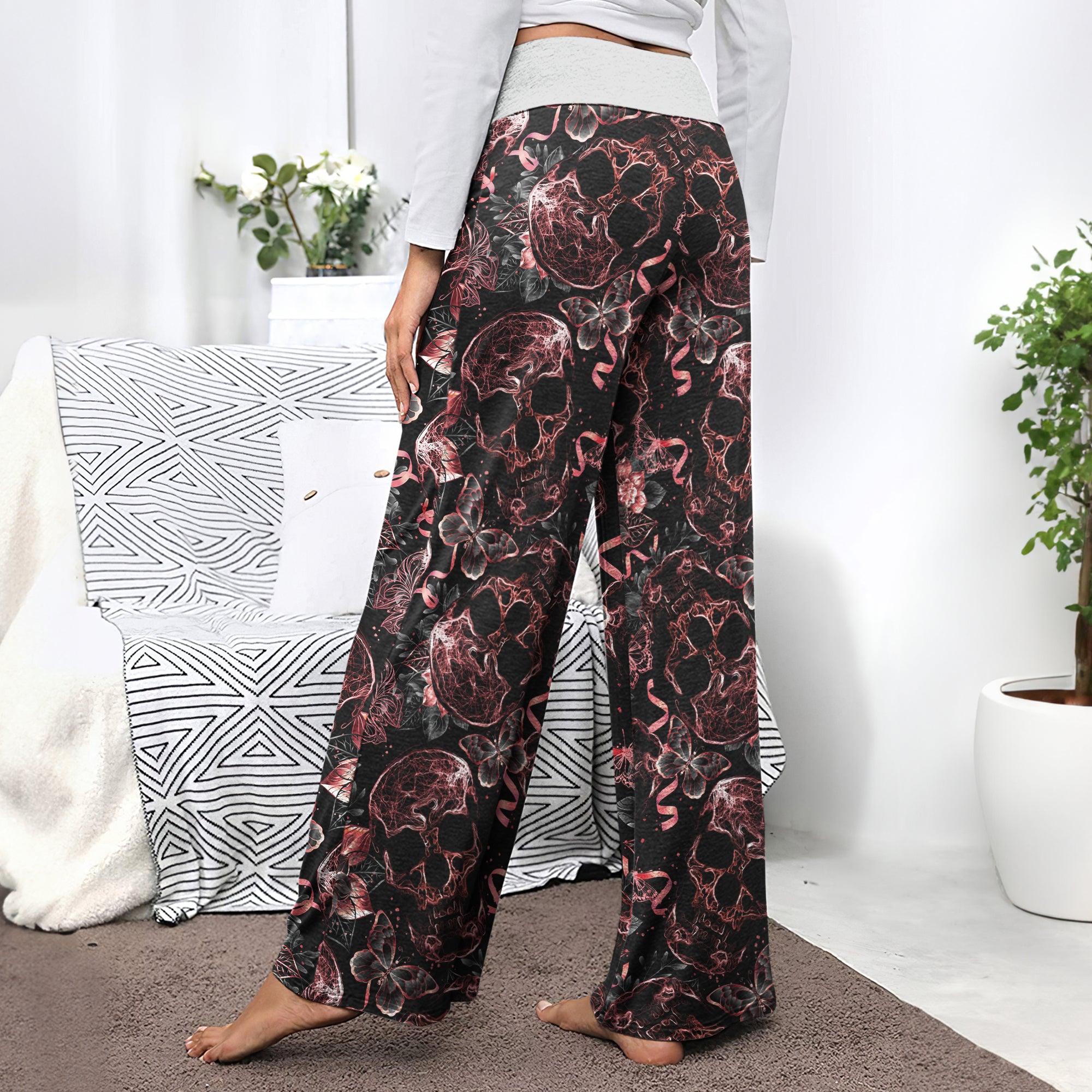 Skull Abstract Effect Butterfly Women's High-waisted Wide Leg Pants | Wonder Skull