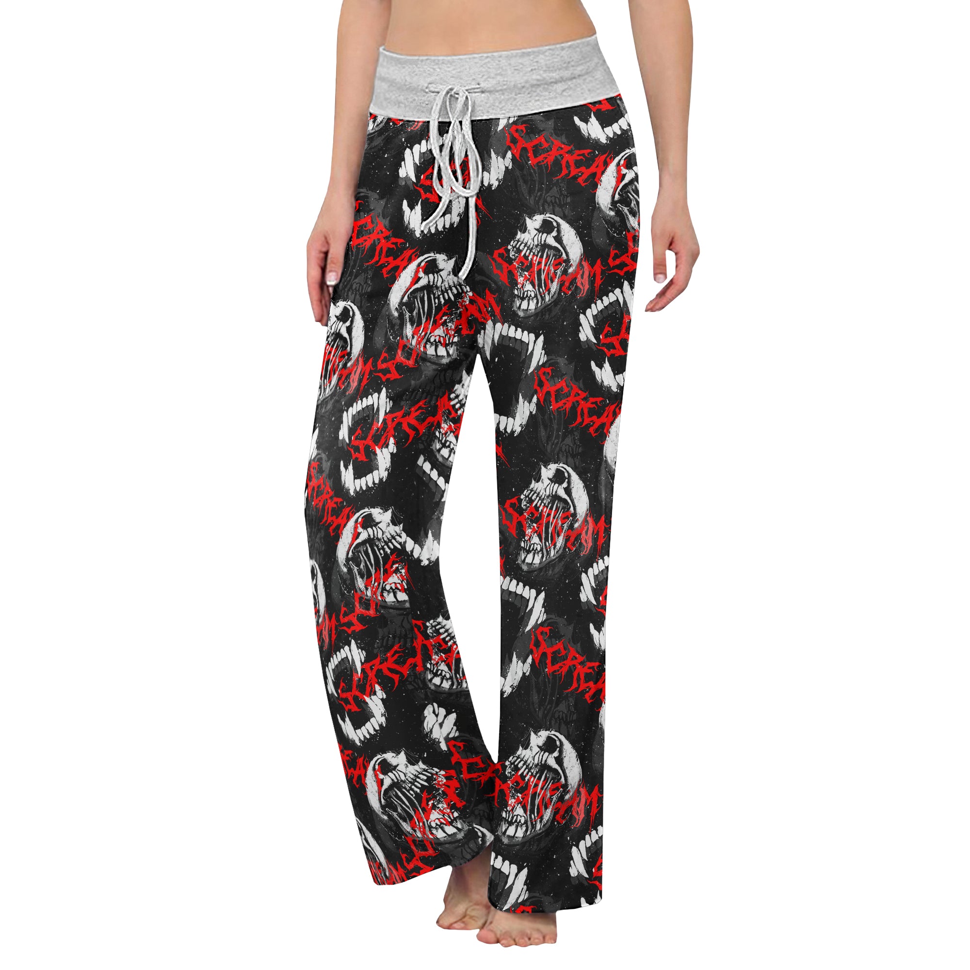 Black Skull Scream Pattern Women's High-waisted Wide Leg Pants | Wonder Skull
