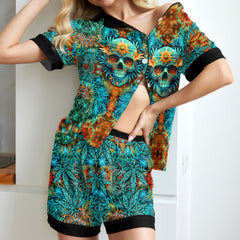 Blooming Skull Mirage Women's Pajama Sets Top Sleeve & Short Bottom