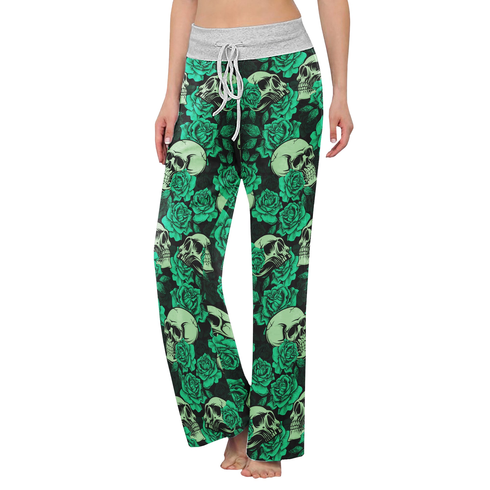 Gothic Green Pastel Skull Rose Women's High-waisted Wide Leg Pants | Wonder Skull