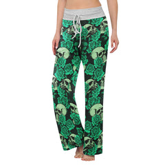 Gothic Green Pastel Skull Rose Women's High-waisted Wide Leg Pants | Wonder Skull