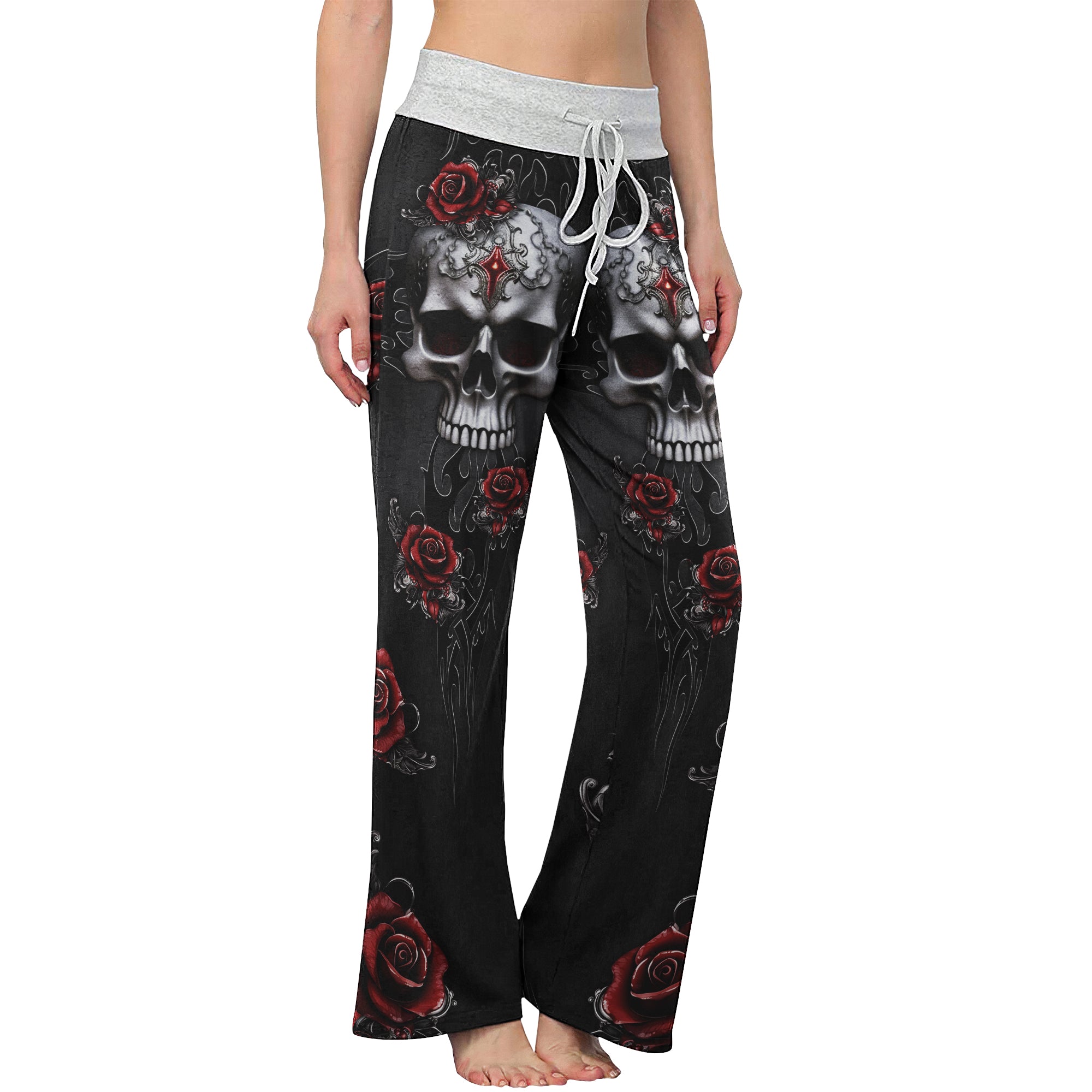 Skull Rose Dark Gothic Women's High-waisted Wide Leg Pants | Wonder Skull