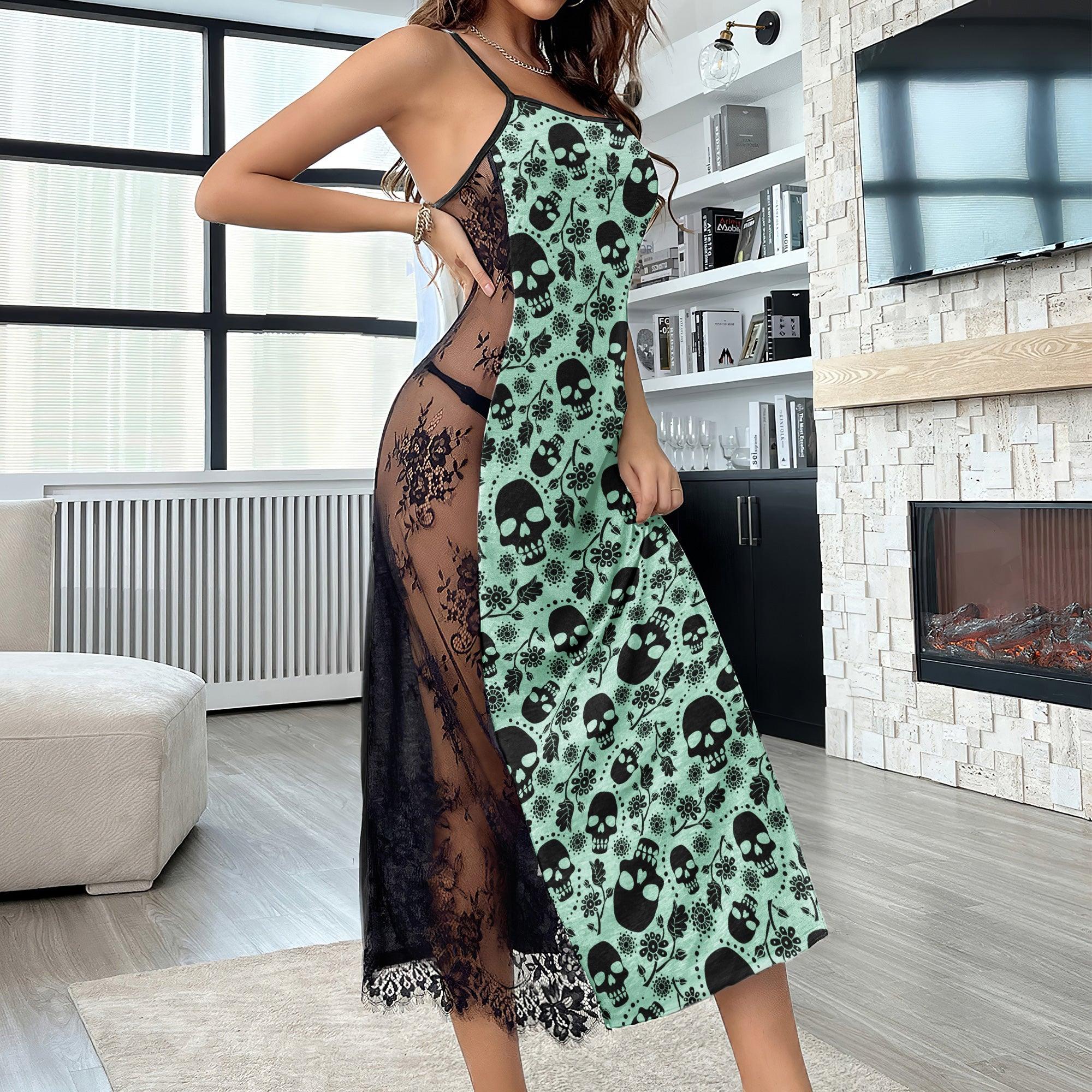 Green Skull Flower Pattern Women's Lace Cami Sleepwear | Gothic, Punkrock, Lingerie for Women