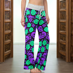 Neon Glowing Skulls Roses Women's High-waisted Wide Leg Pants