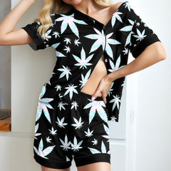 Holographic Leaf Pattern Women's Pajama Sets Top Sleeve & Short Bottom