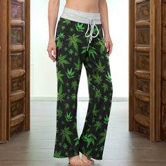 Green Skull Leaf Pattern Women's High-waisted Wide Leg Pants