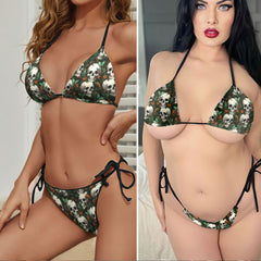 Antique Skull Autumn Leaf Micro Triangle Bikini Swimsuit