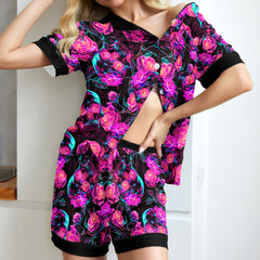 Chic and stylish women's pajama set with unique design prints and statement sleeves, Soft and luxurious fabrics make this pajama set perfect for bedtime or lounging at home.