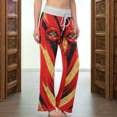 Red Skull Lip Glitter Women's High-waisted Wide Leg Pants