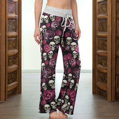 Pastel Gothic Bloom Skull Women's High-waisted Wide Leg Pants