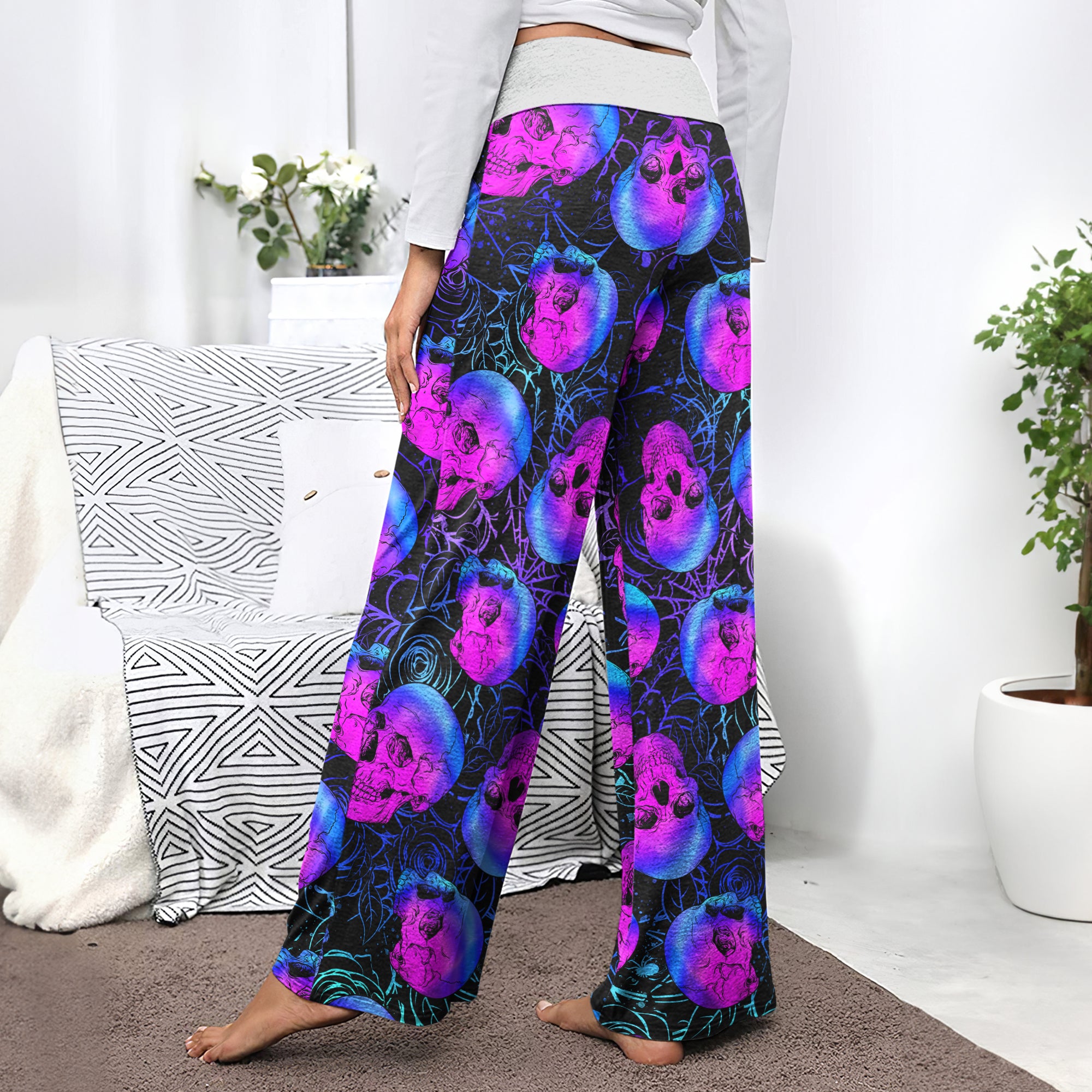 Purple Skull Rose Spider Women's High-waisted Wide Leg Pants | Wonder Skull