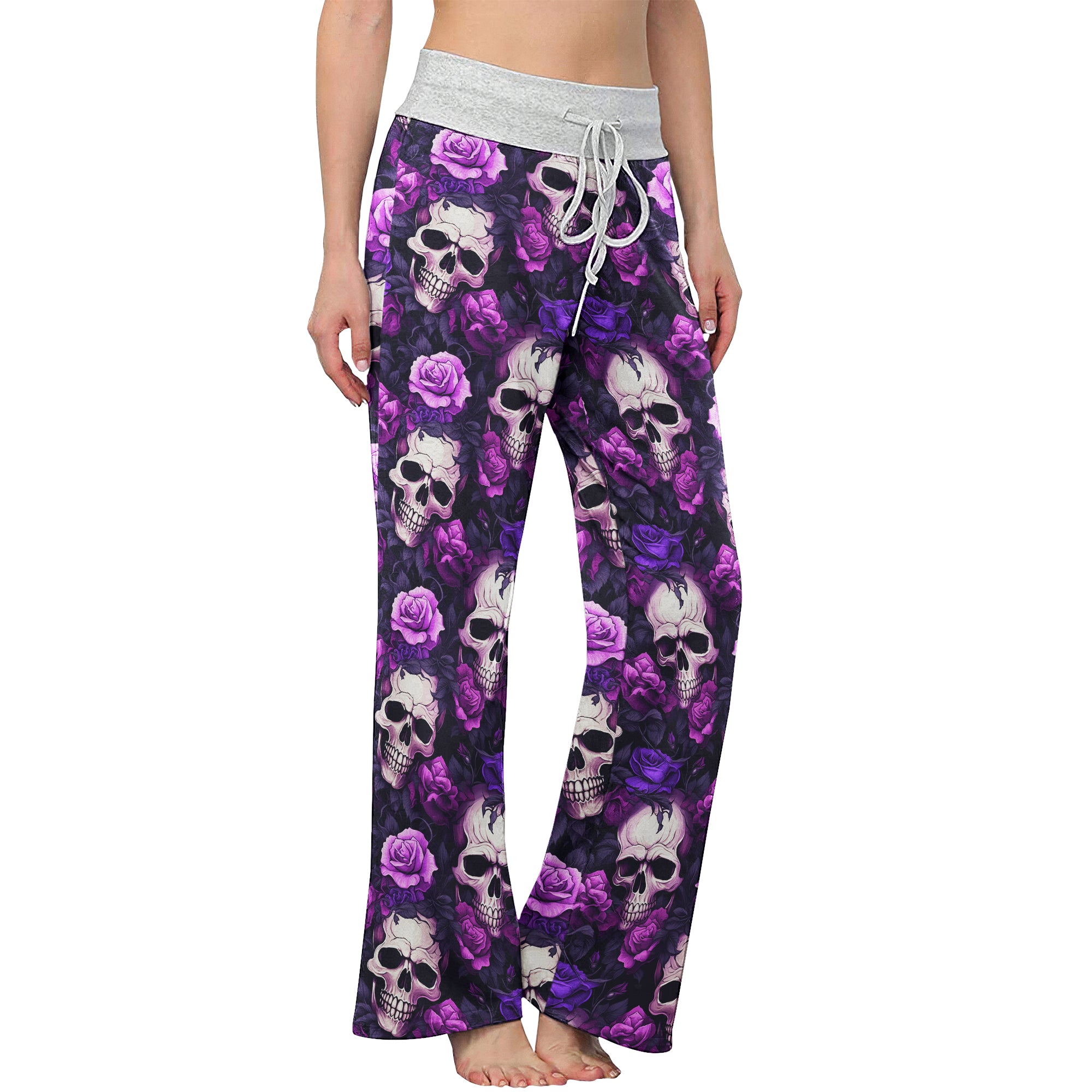 Purple Skull Floral Women's High-waisted Wide Leg Pants | Wonder Skull