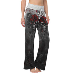 Black Skull Rose Gothic Women's High-waisted Wide Leg Pants | Wonder Skull