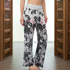 Black Skull Lip Pattern Women's High-waisted Wide Leg Pants