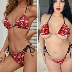 Crimson Floral Skull Pattern Micro Triangle Bikini Swimsuit