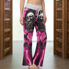 Pink Neon Skull Abstract Women's High-waisted Wide Leg Pants