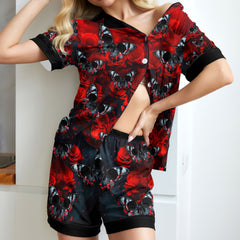 Red Butterfly Skull Women's Pajama Sets Top Sleeve & Short Bottom