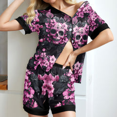 Pink Skull Flower Women's Pajama Sets Top Sleeve & Short Bottom