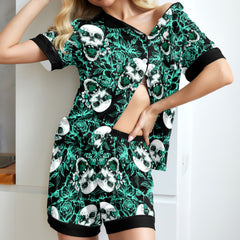 Cyan Skull Floral Women's Pajama Sets Top Sleeve & Short Bottom
