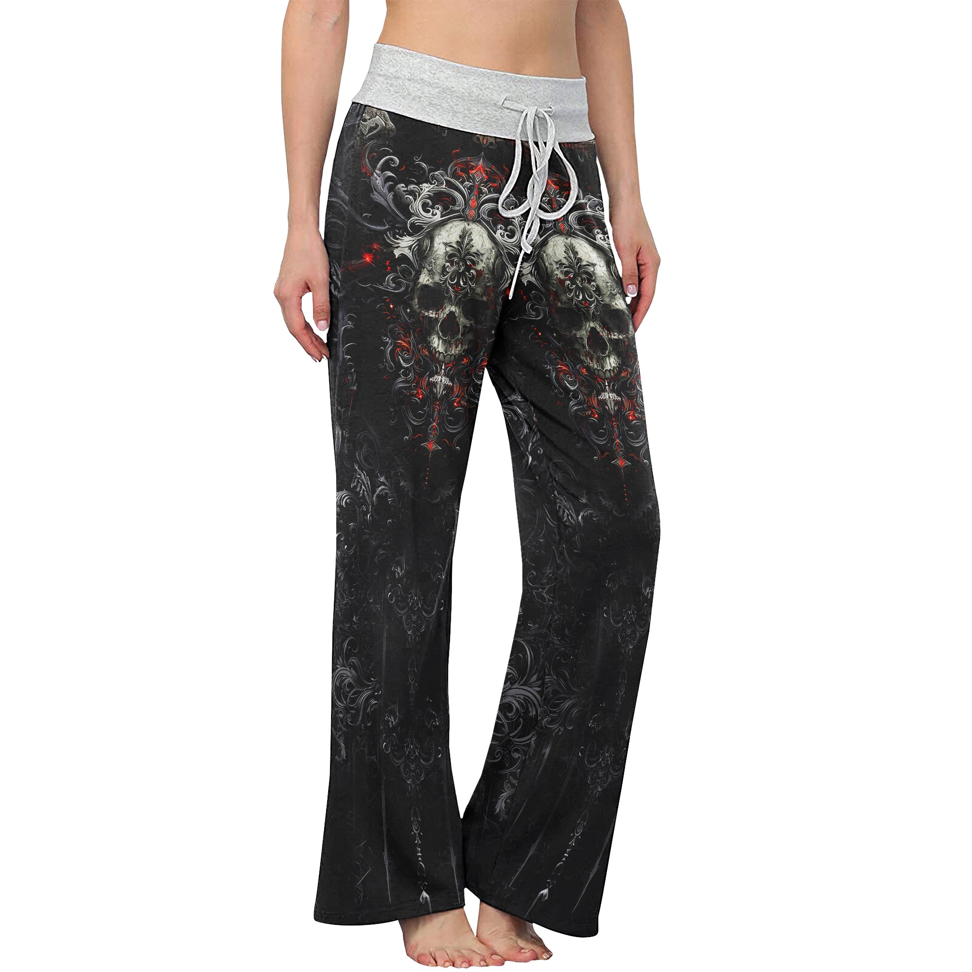 Grey Skull Gothic Art Women's High-waisted Wide Leg Pants | Wonder Skull