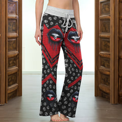 Black Red Skull Lip Women's High-waisted Wide Leg Pants