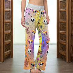 Colorful Mushroom Skull Women's High-waisted Wide Leg Pants