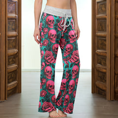 Pink Skull Garden Women's High-waisted Wide Leg Pants