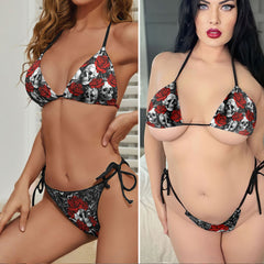 Red Roses Gothic Skull Micro Triangle Bikini Swimsuit