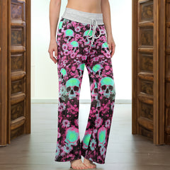 Neon Skull Flower Pattern Women's High-waisted Wide Leg Pants