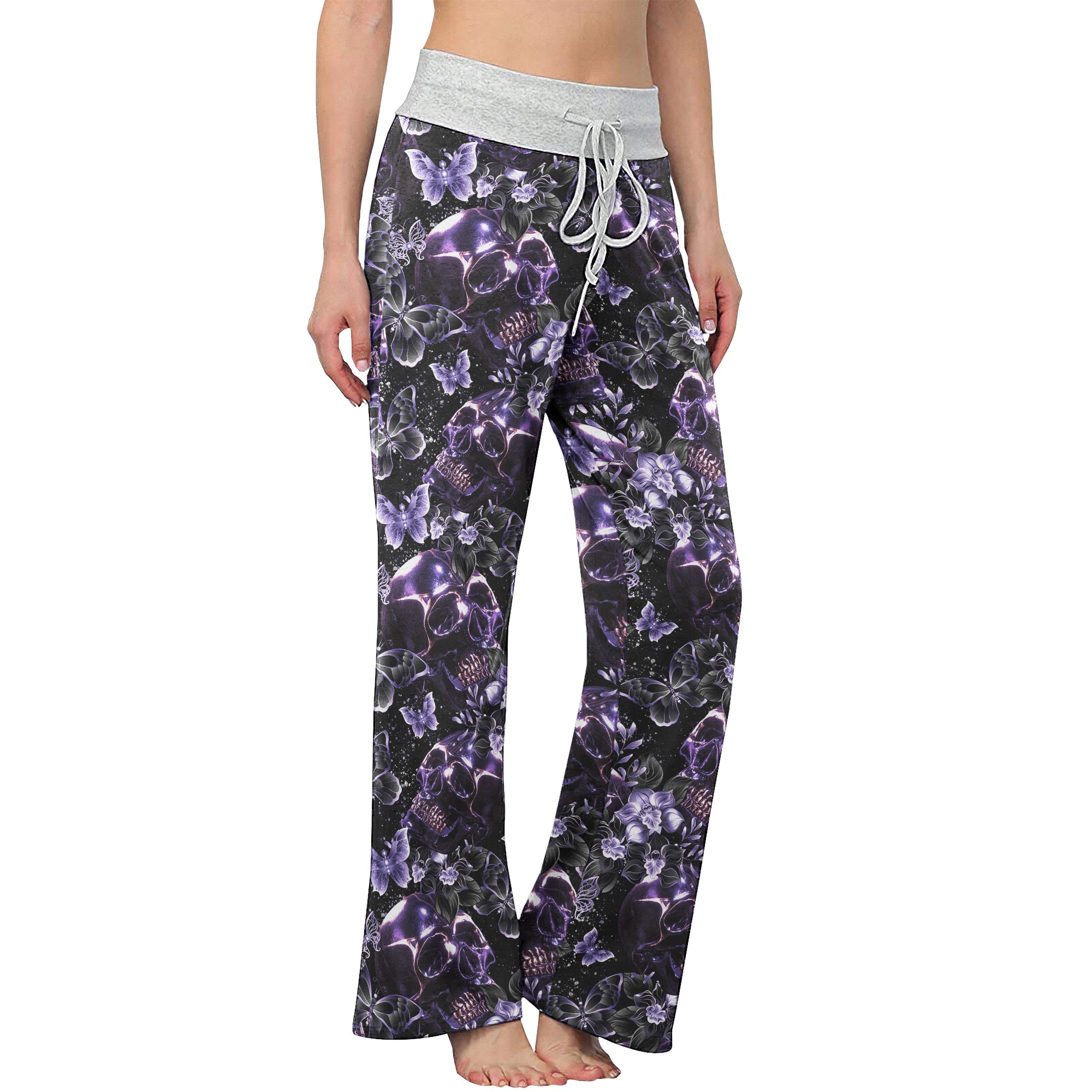 Dark Violet Skull Floral Women's High-waisted Wide Leg Pants | Wonder Skull