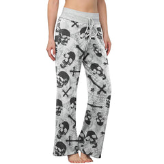 Grey Skull Cross Gothic Women's High-waisted Wide Leg Pants | Wonder Skull