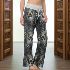 Tan Buterfly Skull Art Women's High-waisted Wide Leg Pants