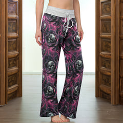 Skull Rose Abstract Pattern Women's High-waisted Wide Leg Pants