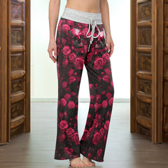 Pink Skull Rose Artwork Women's High-waisted Wide Leg Pants