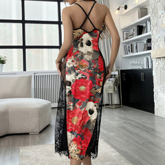 Skull Red Flower Pattern Women's Lace Cami Sleepwear