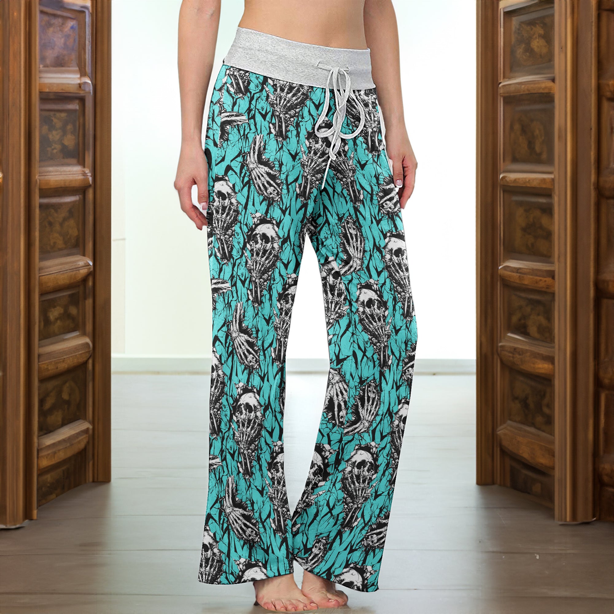 Cyan Skull Pattern Women's High-waisted Wide Leg Pants | Wonder Skull
