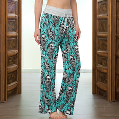 Cyan Skull Pattern Women's High-waisted Wide Leg Pants | Wonder Skull