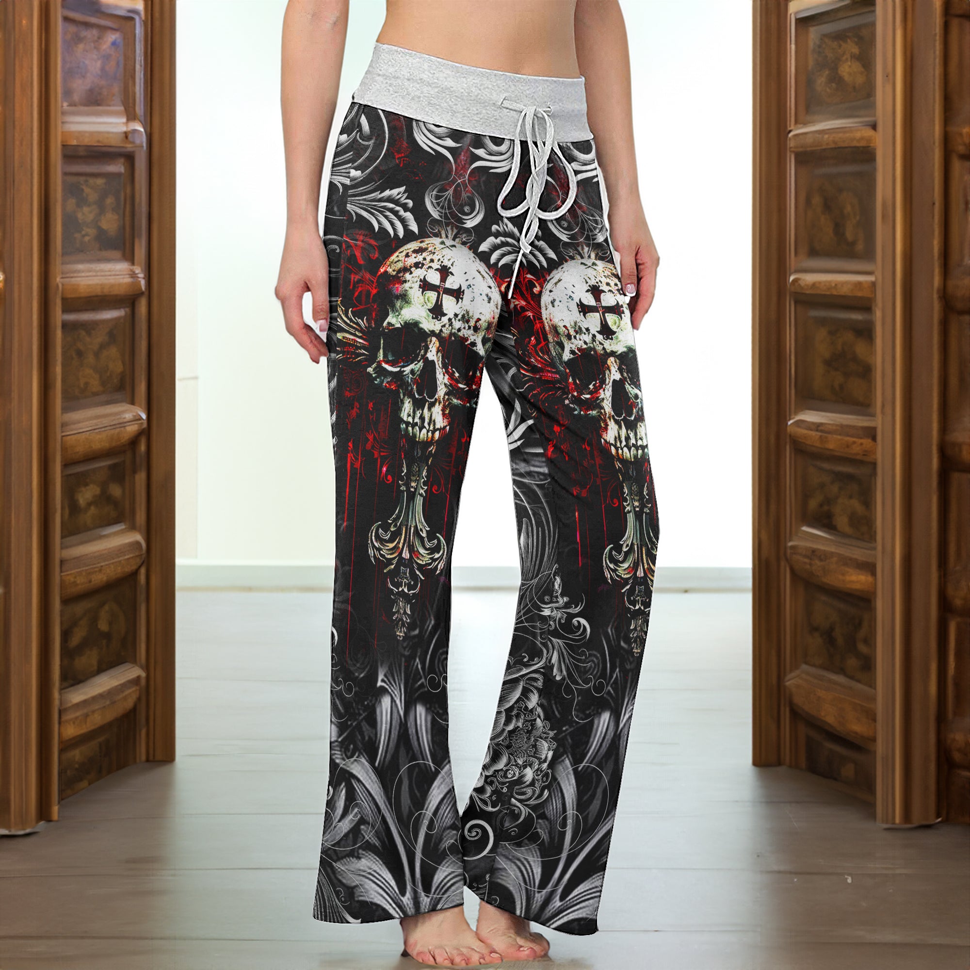 Red Cross Skull Art Women's High-waisted Wide Leg Pants | Wonder Skull
