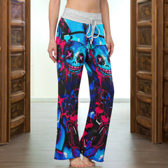 Blue Scary Graffiti Art Women's High-waisted Wide Leg Pants | Wonder Skull