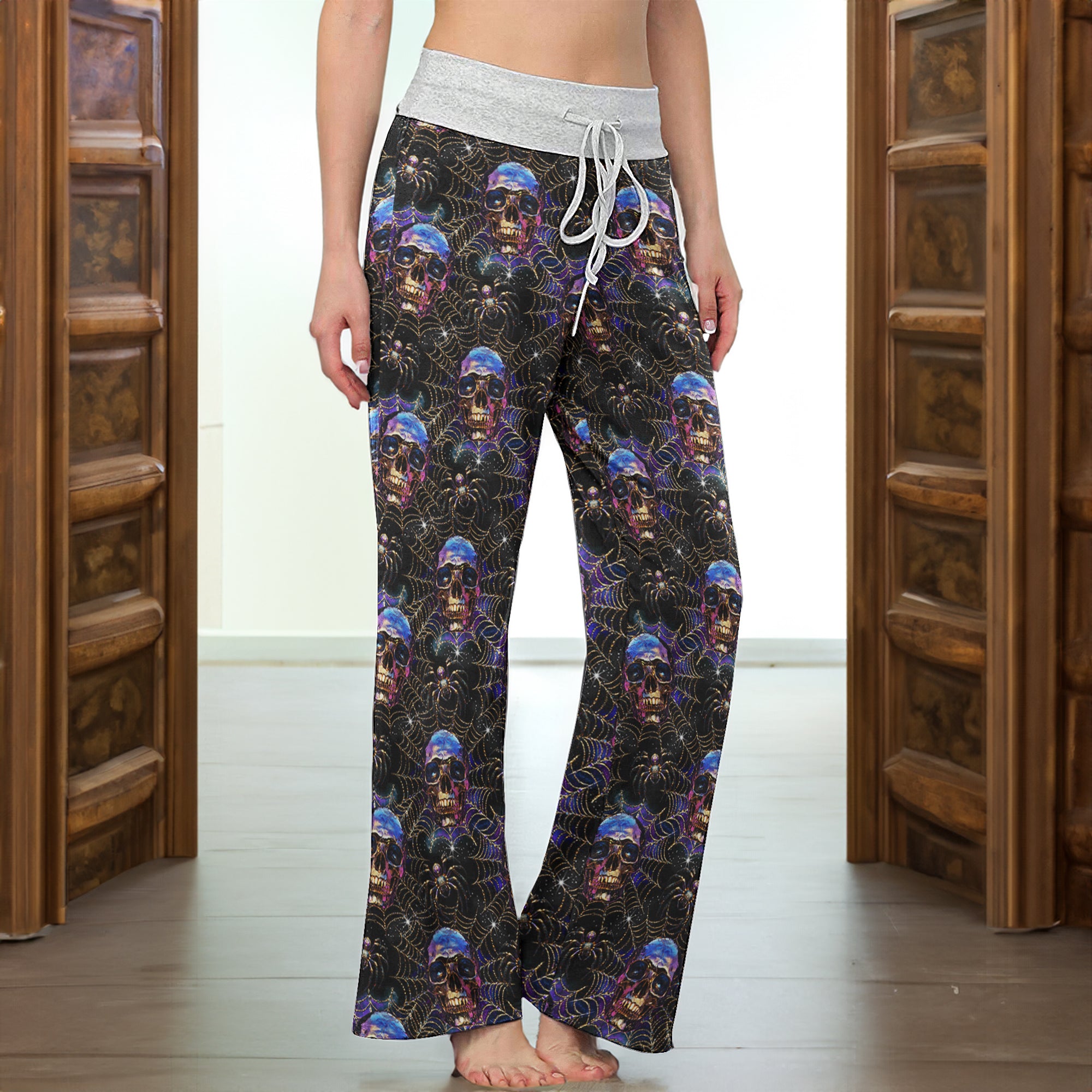 Galaxy Black Skull Pattern Women's High-waisted Wide Leg Pants | Wonder Skull