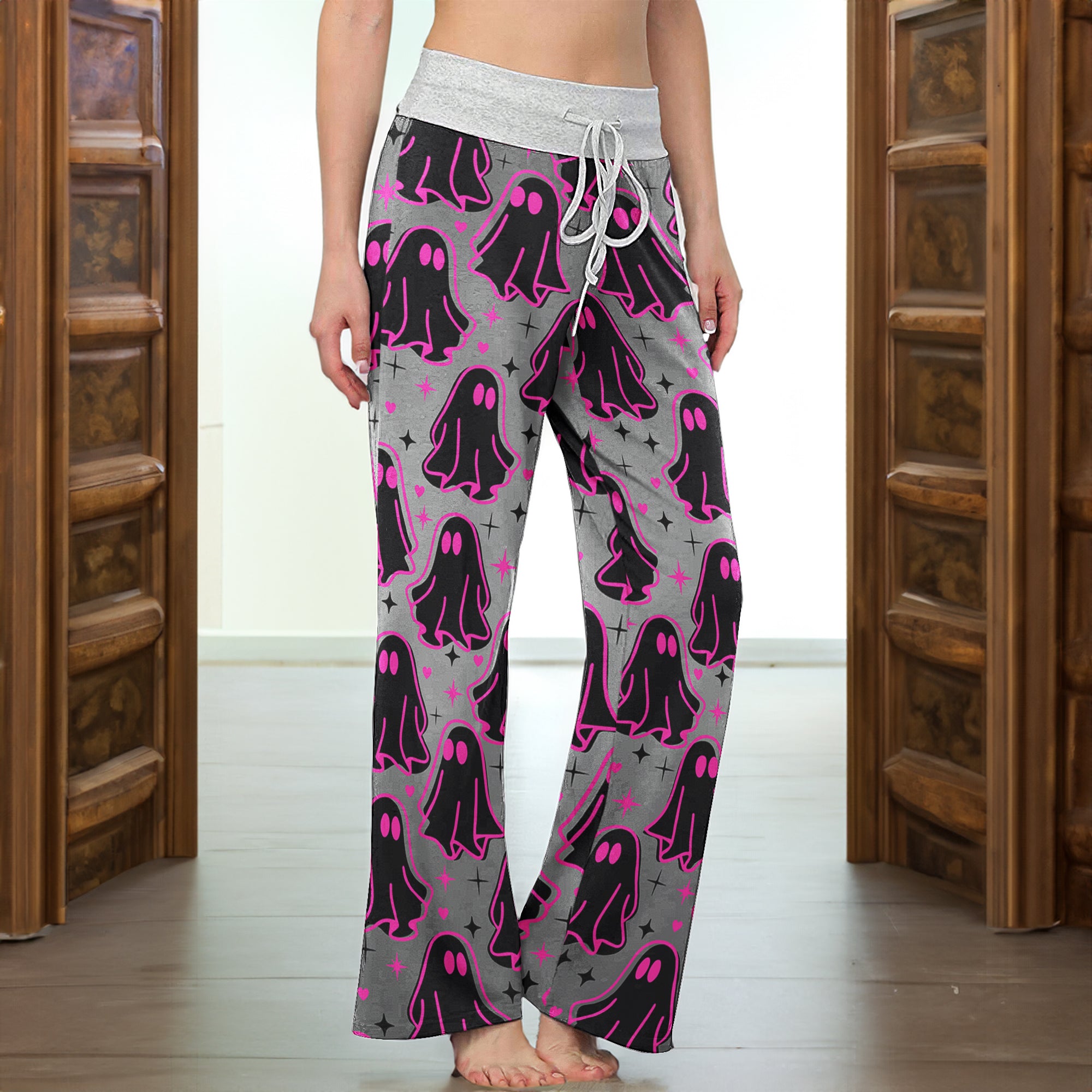 Pink Boo Pattern Women's High-waisted Wide Leg Pants | Wonder Skull