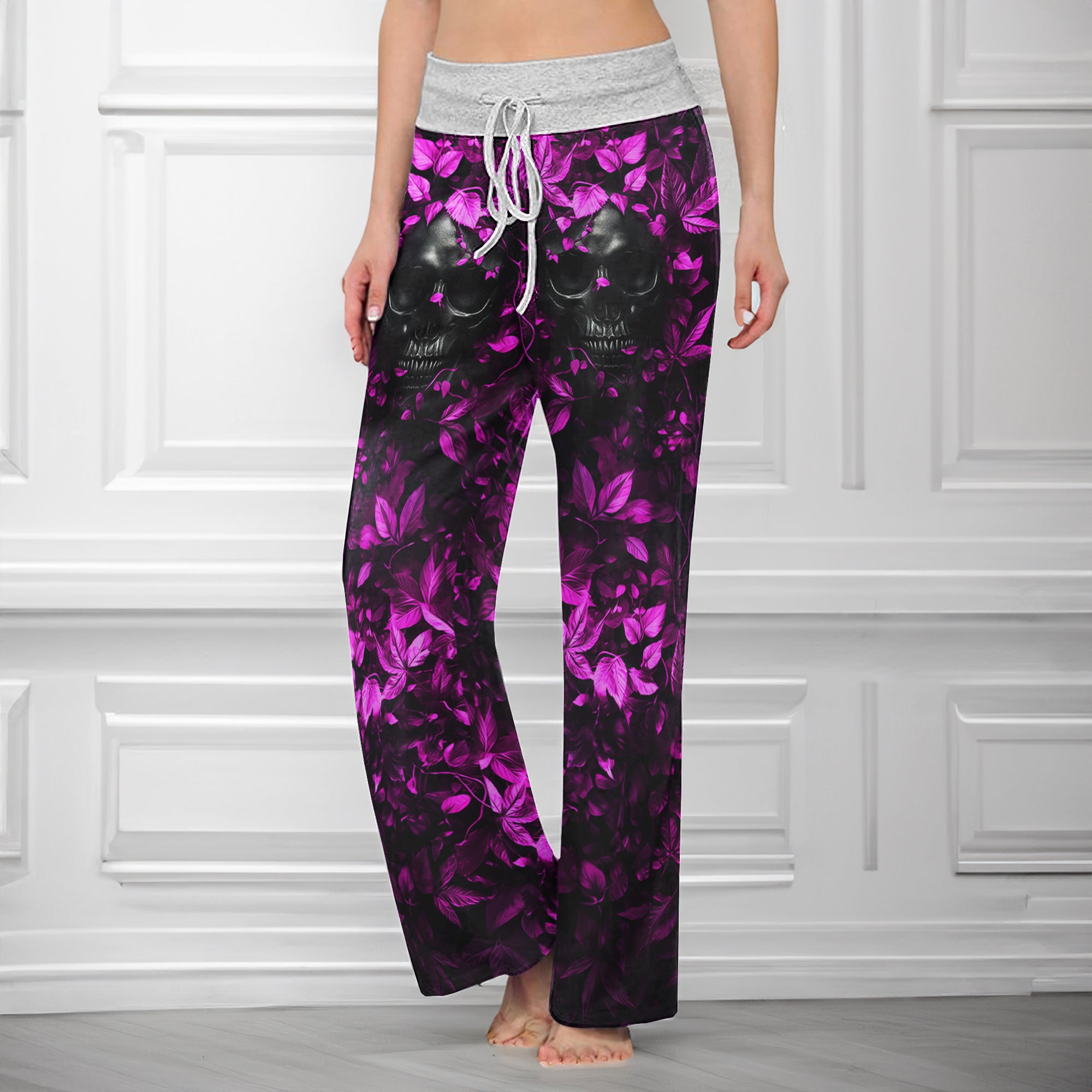 Pink Leaf Skull Art Women's High-waisted Wide Leg Pants | Wonder Skull