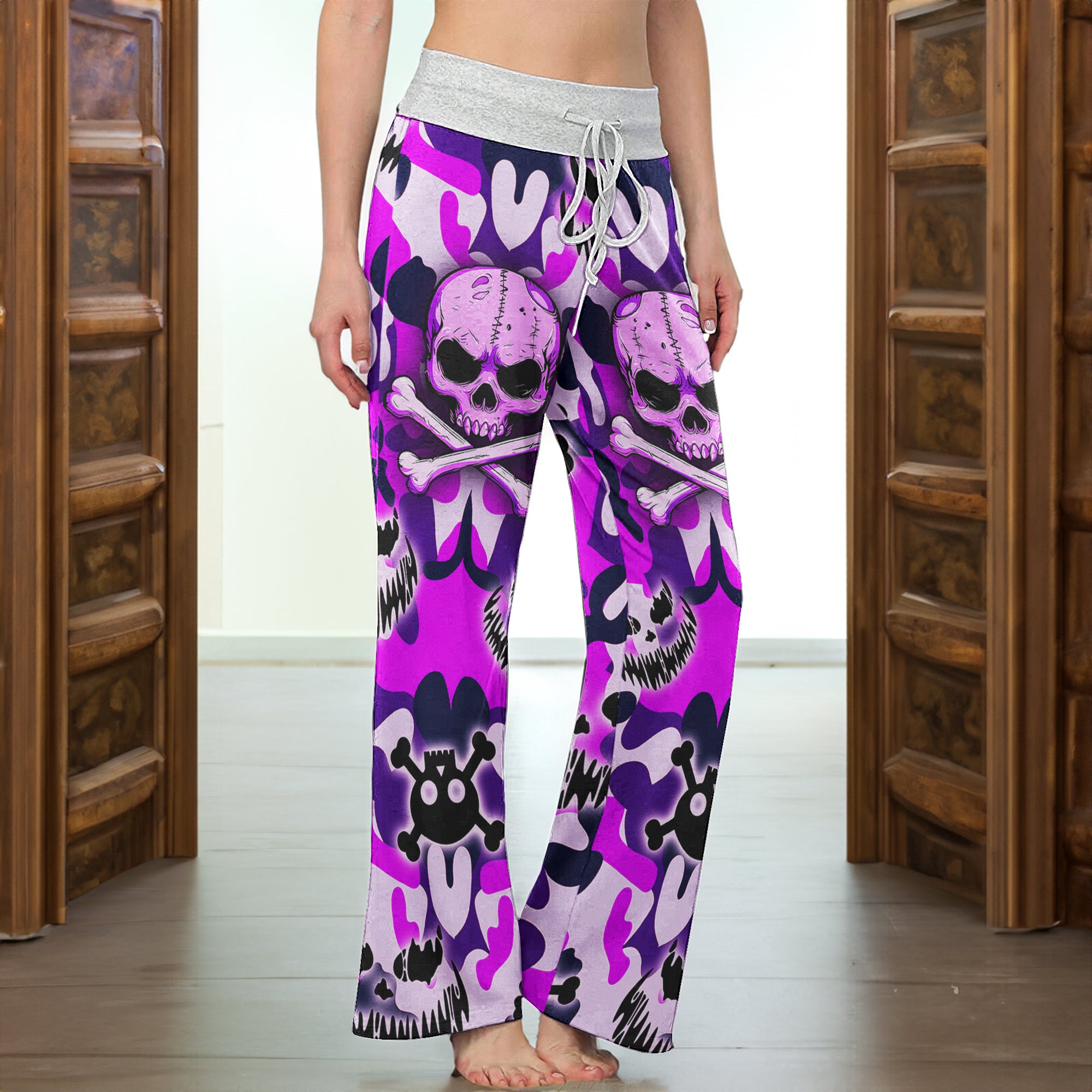 Purple Camo Skull Art Women's High-waisted Wide Leg Pants | Wonder Skull