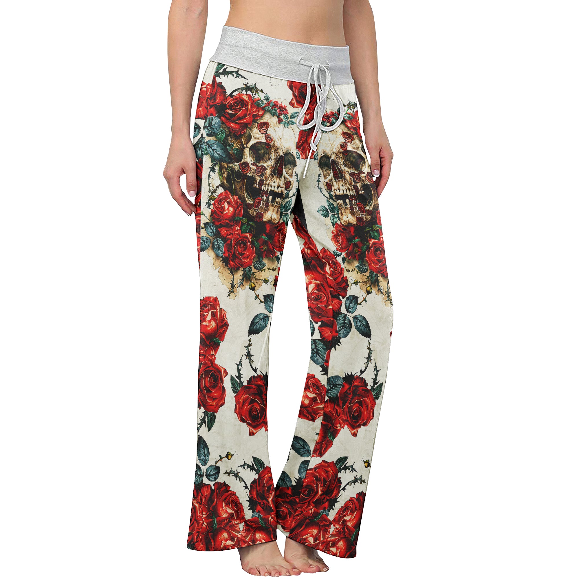 Retro Skull Roses Women's High-waisted Wide Leg Pants | Wonder Skull
