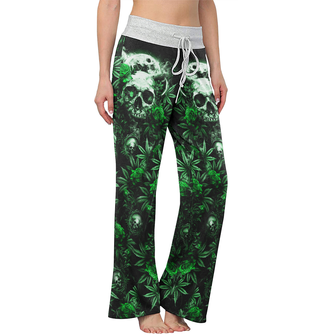 Green Skull Canabis Women's High-waisted Wide Leg Pants | Wonder Skull