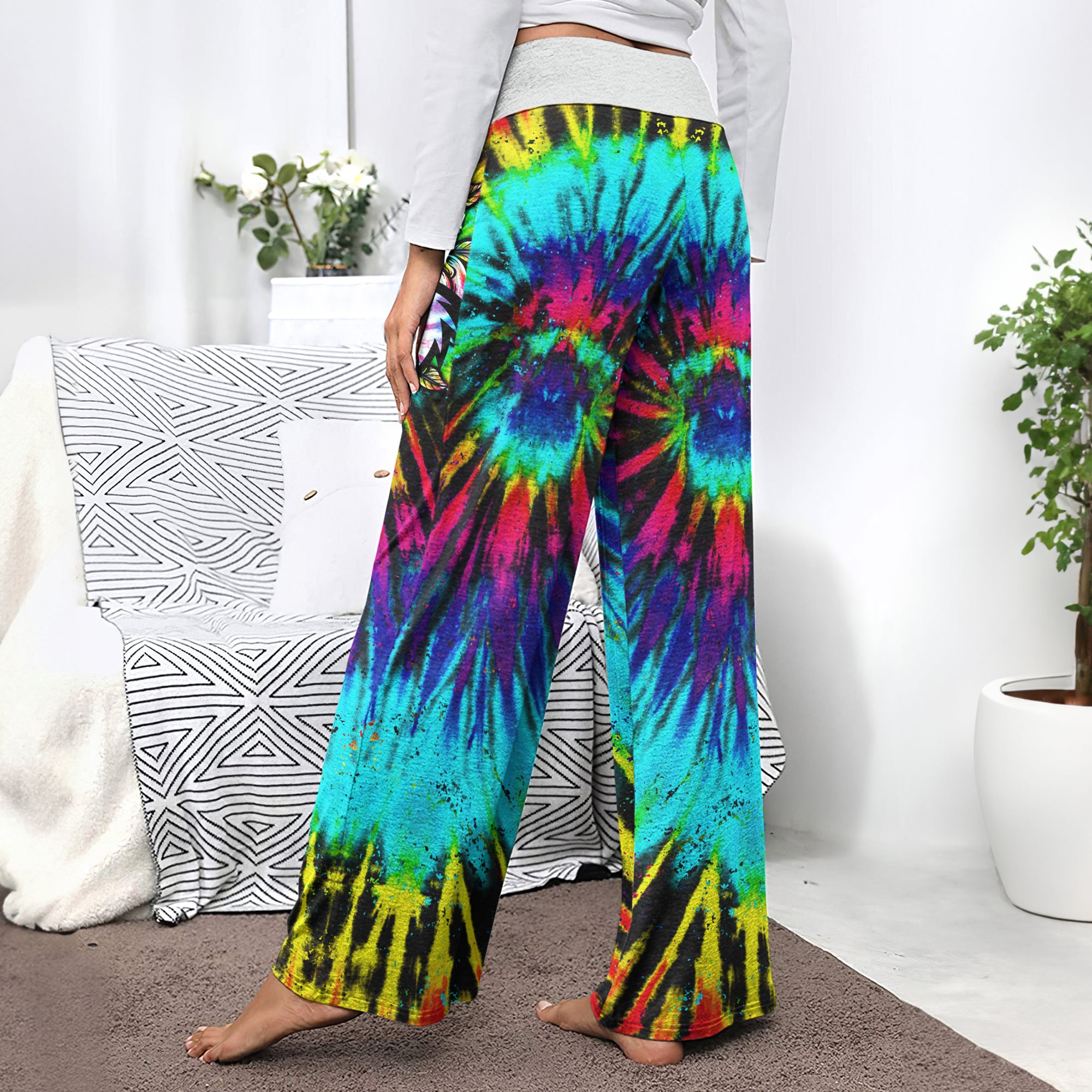 TieDye Rainbow Nightmare Theme Women's High-waisted Wide Leg Pants | Wonder Skull