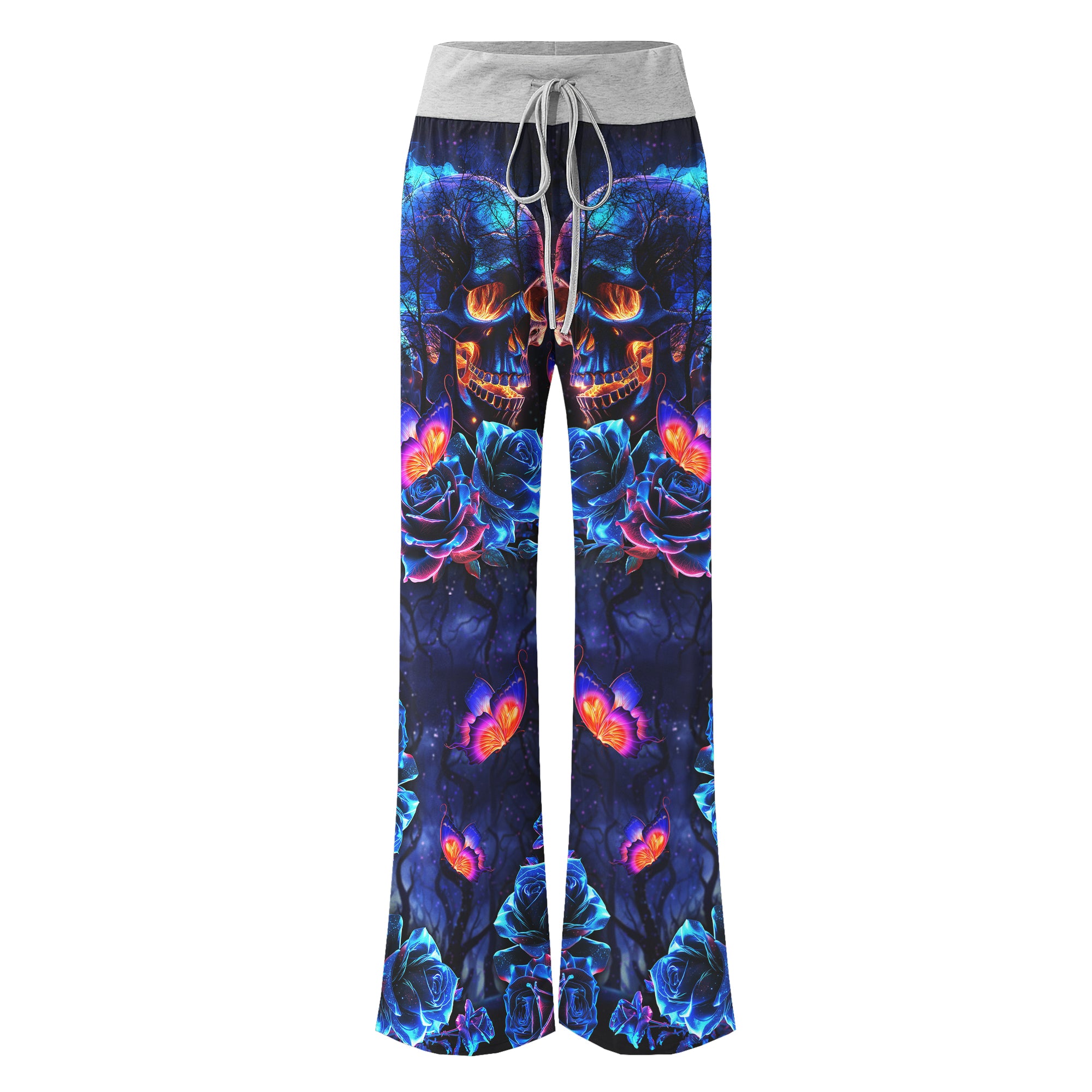 Dark Blue Effect Skull Women's High-waisted Wide Leg Pants | Wonder Skull