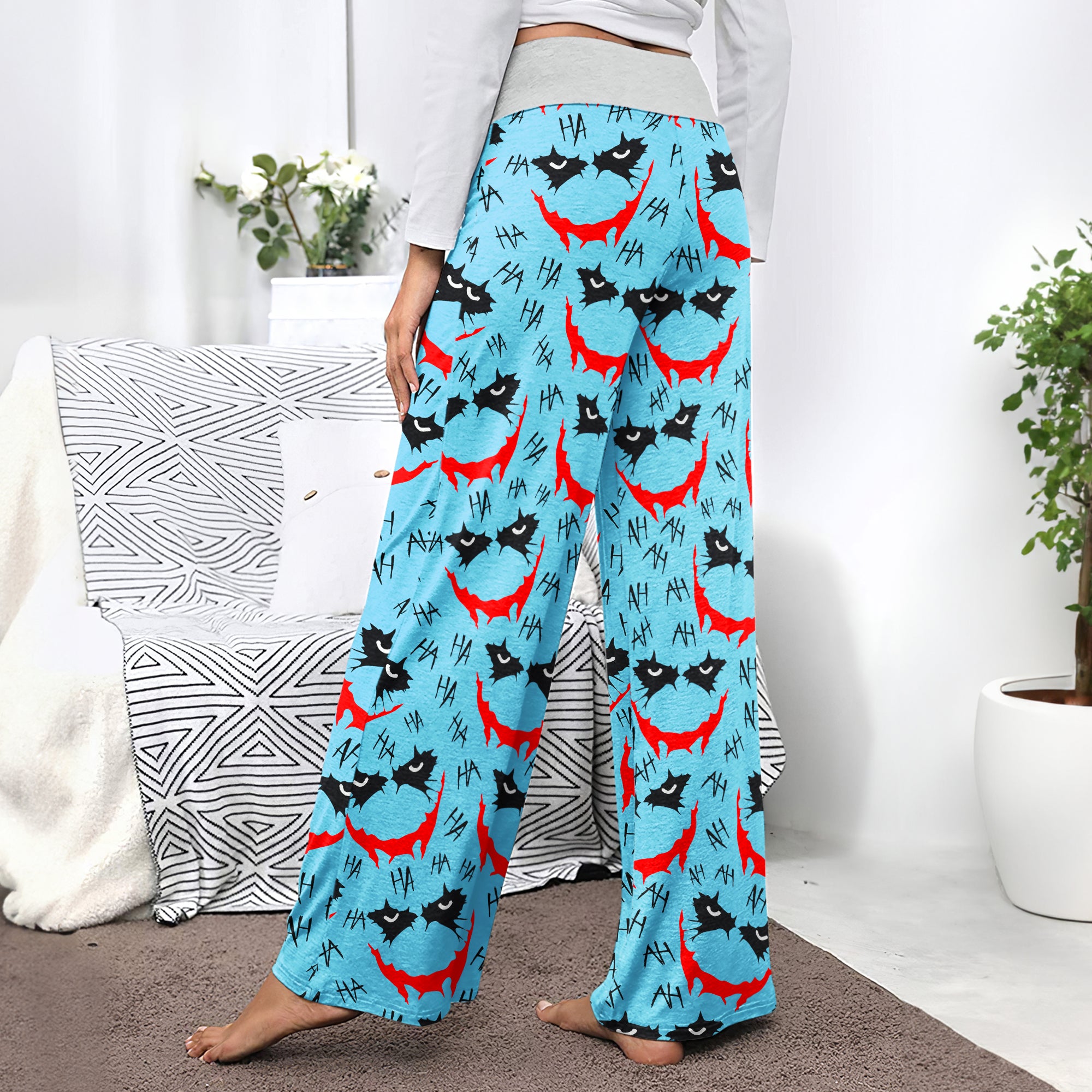 Blue Smile Horror Women's High-waisted Wide Leg Pants | Wonder Skull