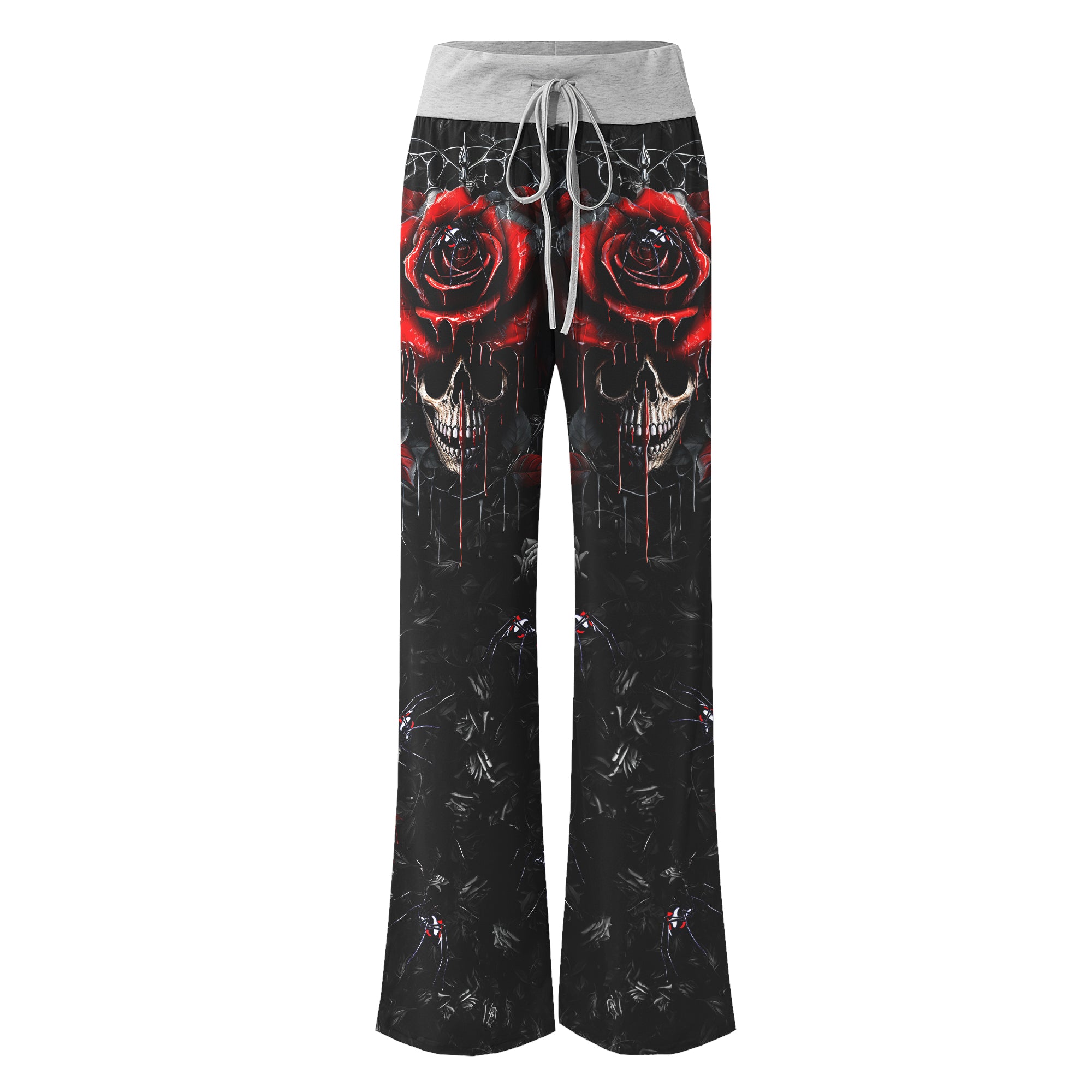 Dark Gothic Skull Rose Women's High-waisted Wide Leg Pants | Wonder Skull